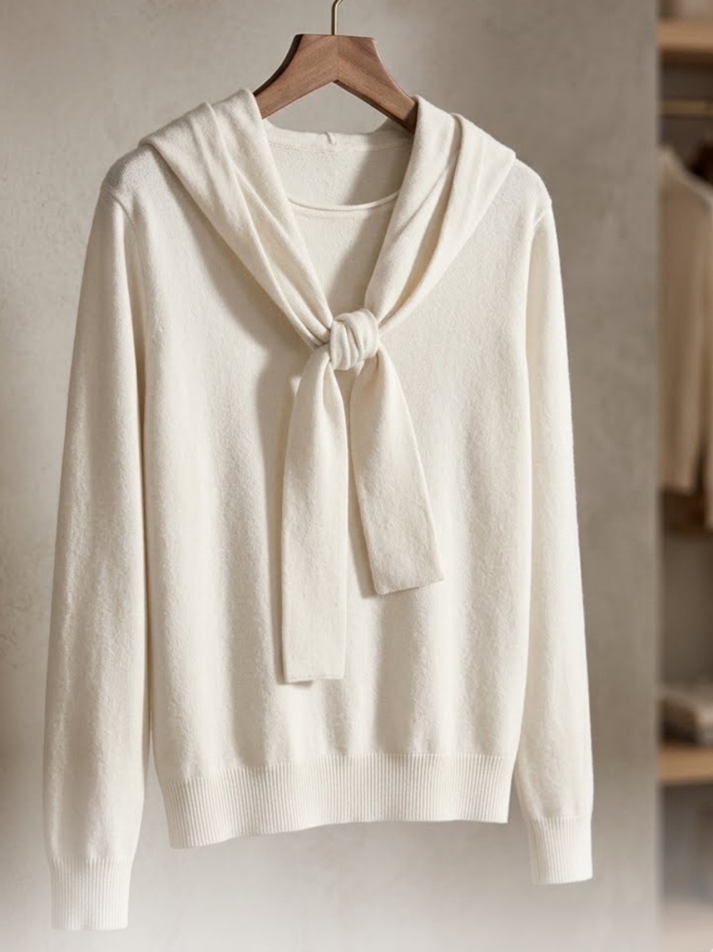 Milano Women Cream Hooded Sweater with Preppy Tie-Front - capsule wardrobe